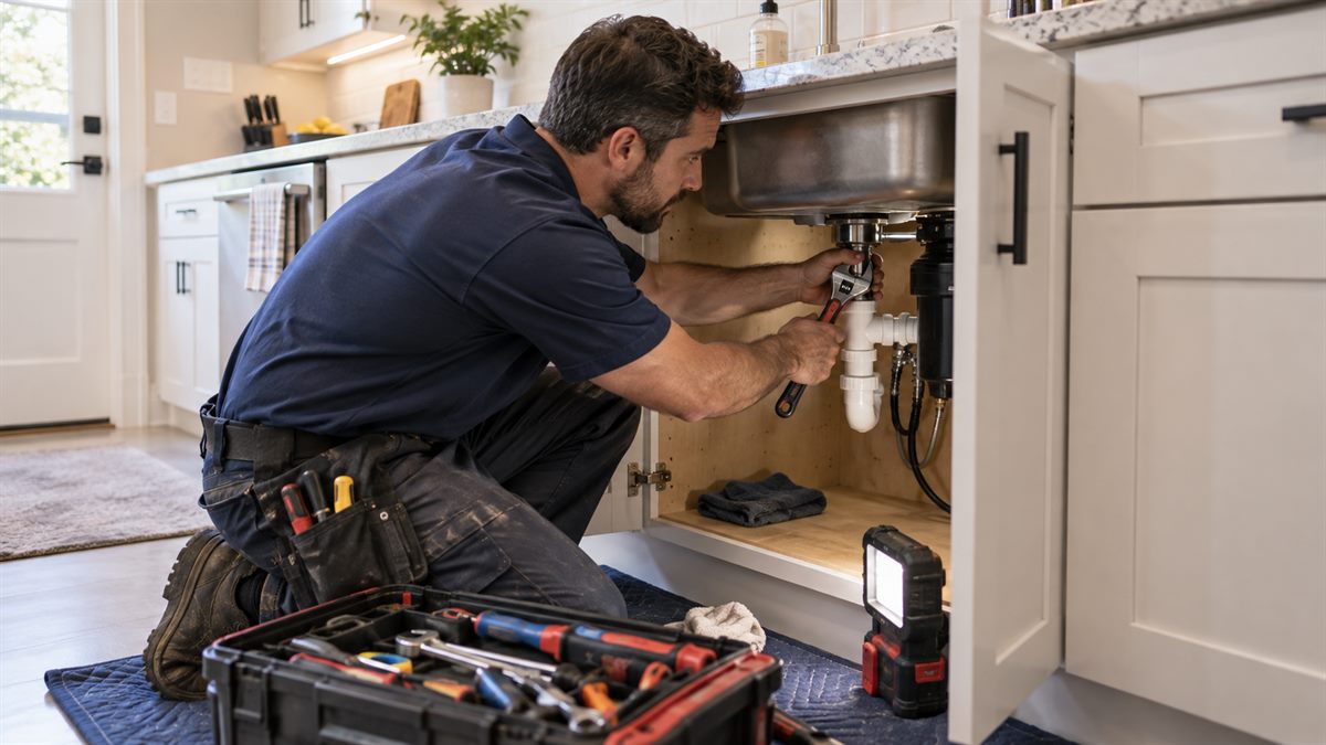 Handyman repairing a leaking pipe under a kitchen sink in San Diego