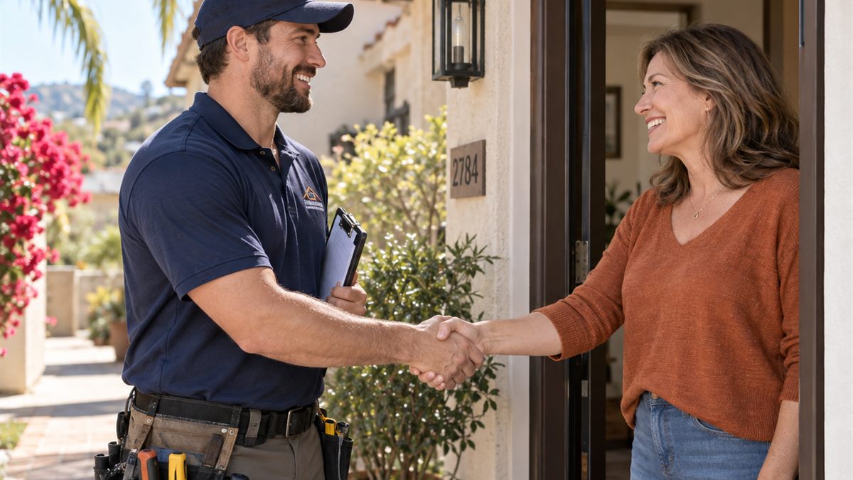 Handyman giving a free estimate to a homeowner at the front door of a San Diego home