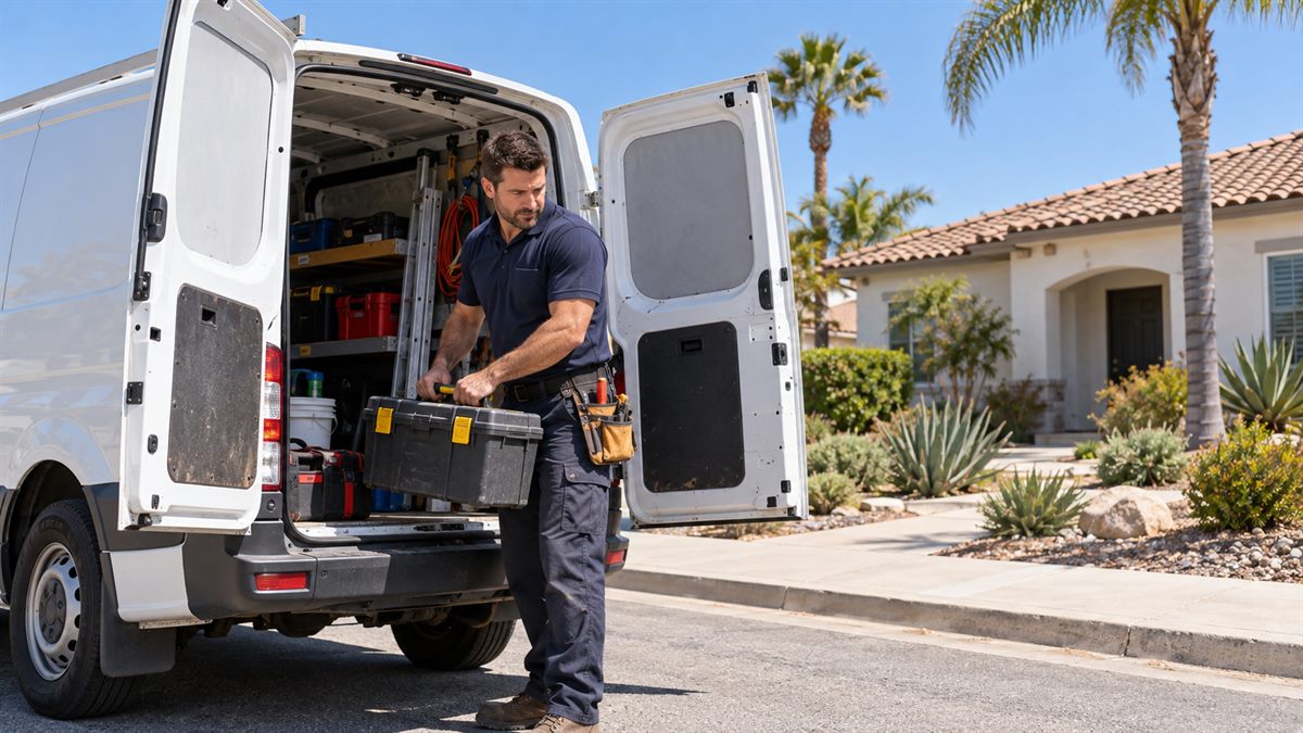 Local handyman unloading tools from a work van outside a San Diego house